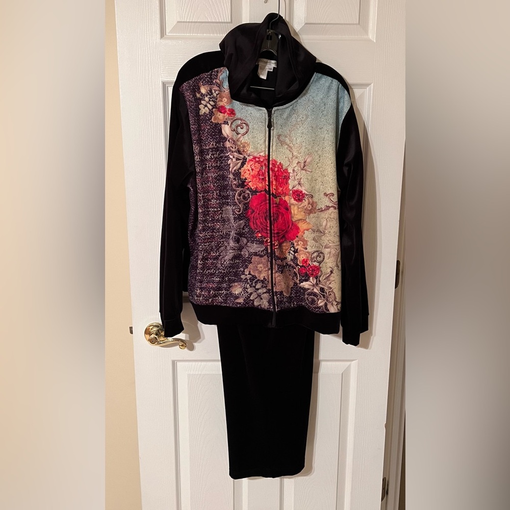 Coldwater Creek Black Velour Floral Hooded Jacket and Pants Set